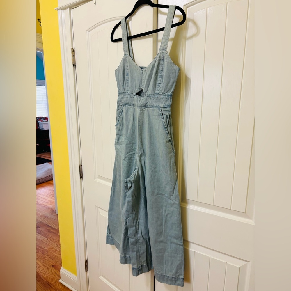 Aerie twill cutout jumpsuit, sz S | boho wide leg denim summer cropped overalls - Picture 4 of 13